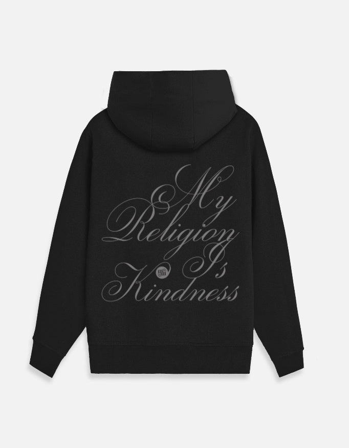 Black moonearth hoodie with 'My Religion is Kindness' text on the back against a light gray background