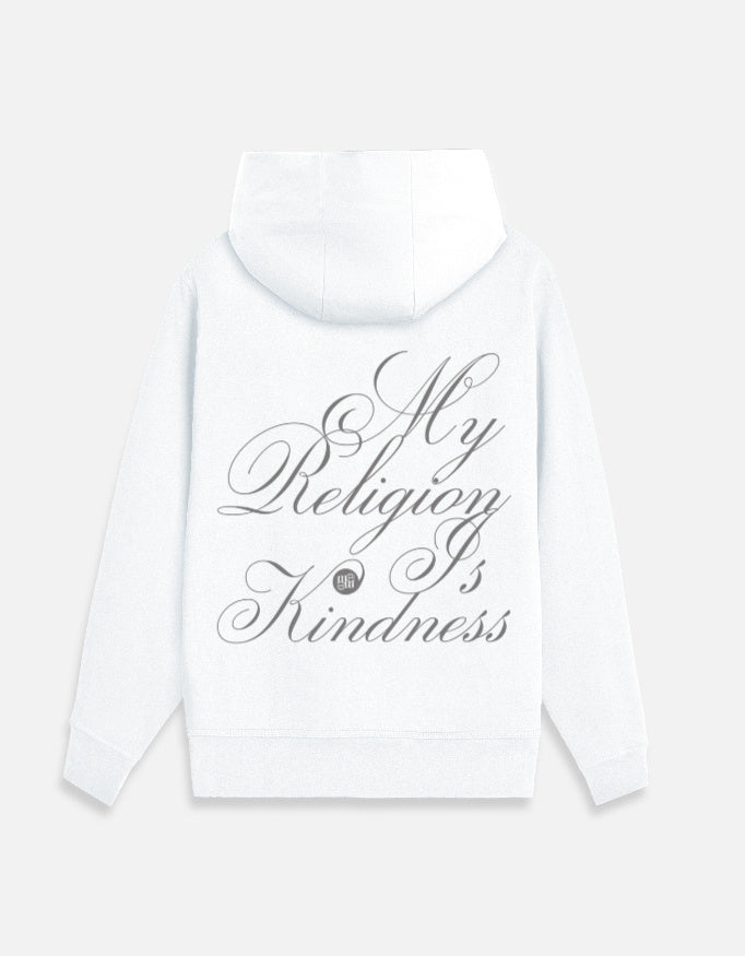 White moonearth hoodie with 'My Religion is Kindness' text on a light gray background