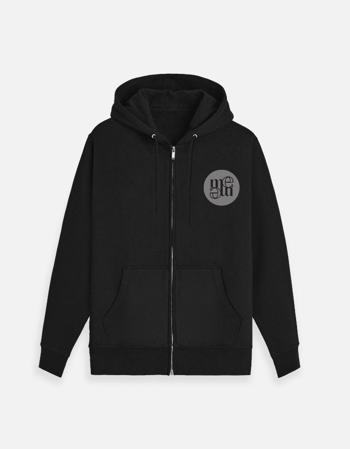 Black hoodie with a moonearth logo on the chest against a light gray background