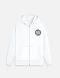 White hoodie with a moonearth logo on a light gray background