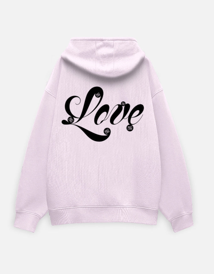 Light pink moonearth hoodie with 'Love' text on the back against a gray background