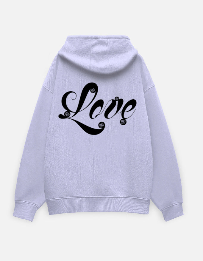 Light purple moonearth hoodie with 'Love' printed on the back against a light gray background