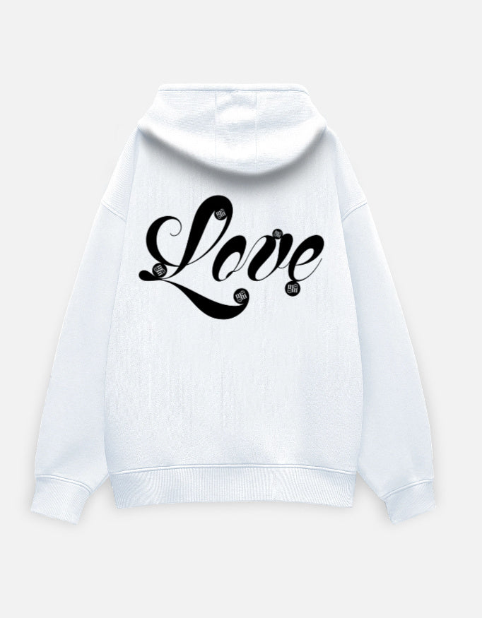 White moonearth hoodie with 'Love' printed on the back against a light gray background
