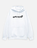 White hoodie with black moonearth text on a light gray background