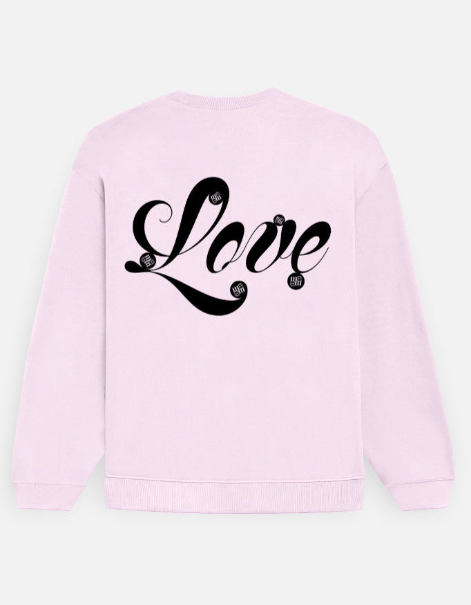 Pink moonearth sweatshirt with 'Love' text on a light gray background