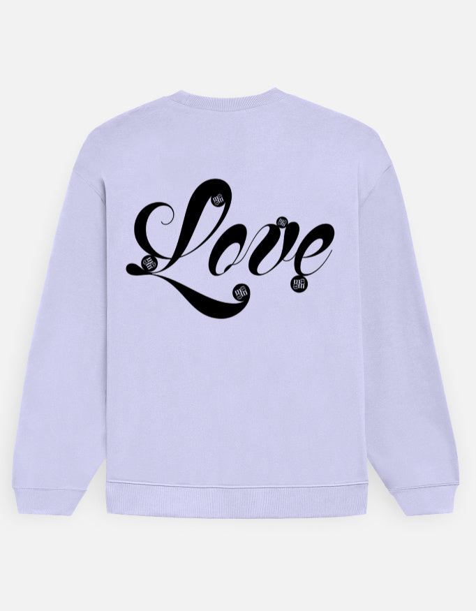 Light purple moonearth sweatshirt with 'Love' printed on the back against a light gray background