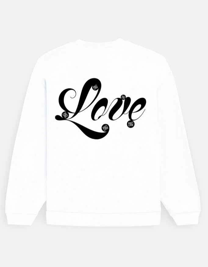 White moonearth sweatshirt with 'Love' printed on the back against a light gray background