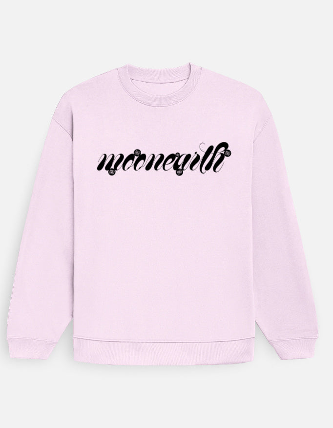 Pink sweatshirt with black moonearth text on a light gray background