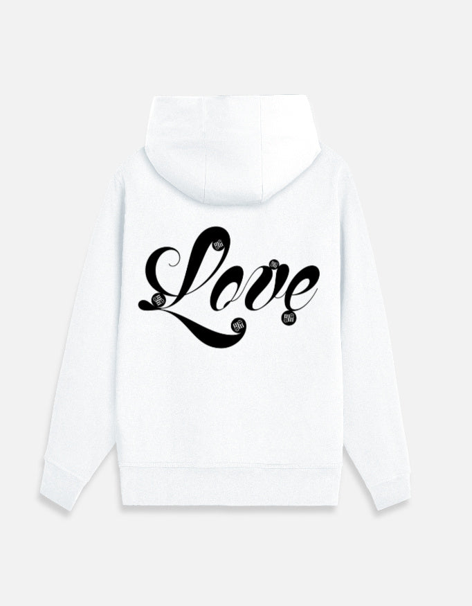 White moonearth zip hoodie with 'Love' text on a light gray background