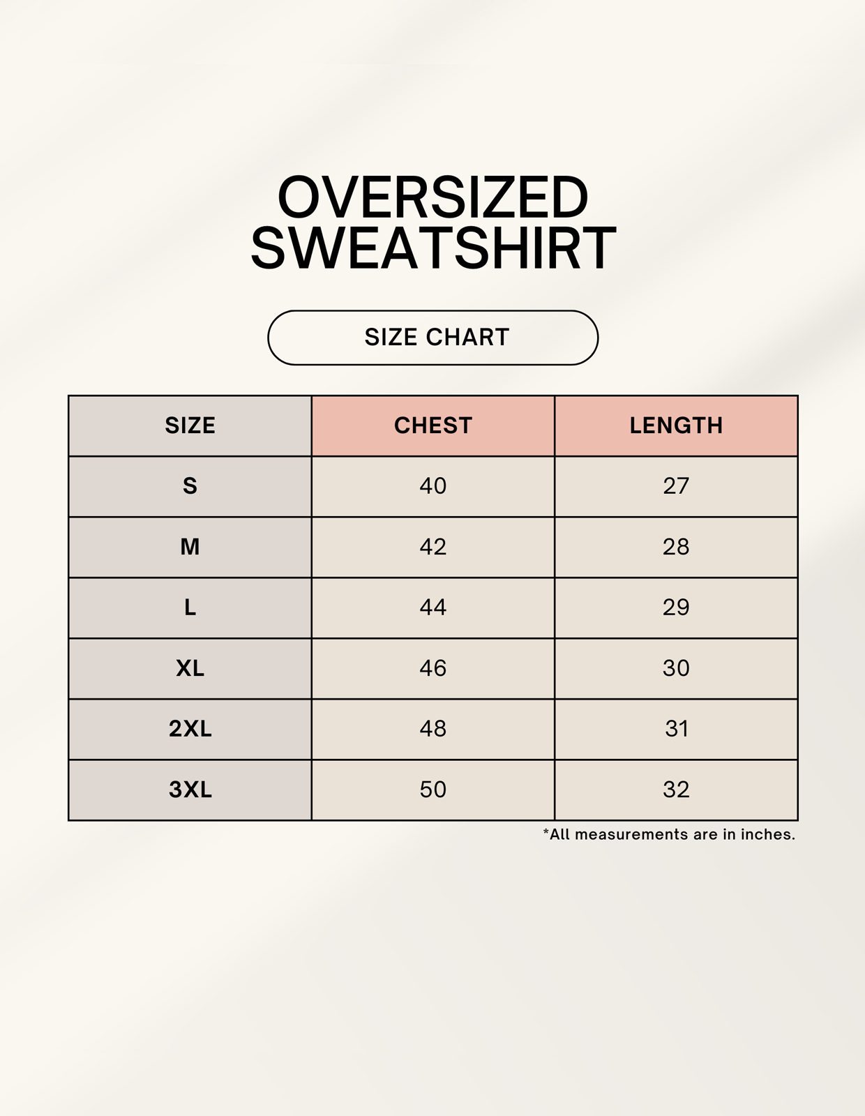 Size chart for oversized sweatshirt with chest and length measurements.