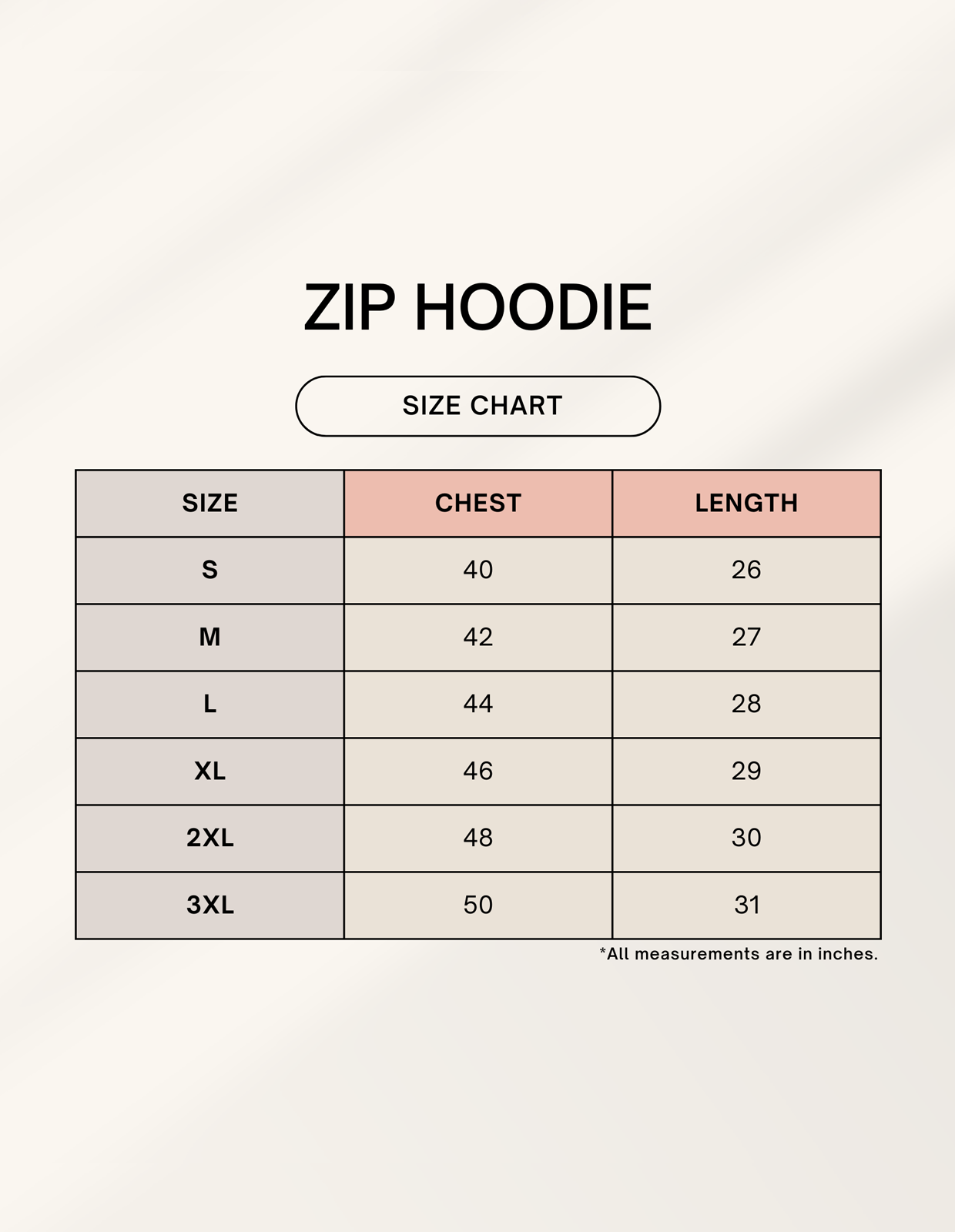 Size chart for a moonearth zip hoodie with chest and length measurements.