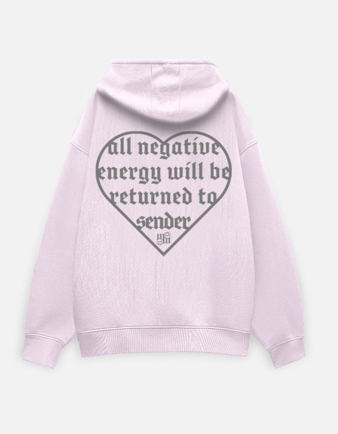 Light pink moonearth hoodie with a heart-shaped text design on the back against a light gray background