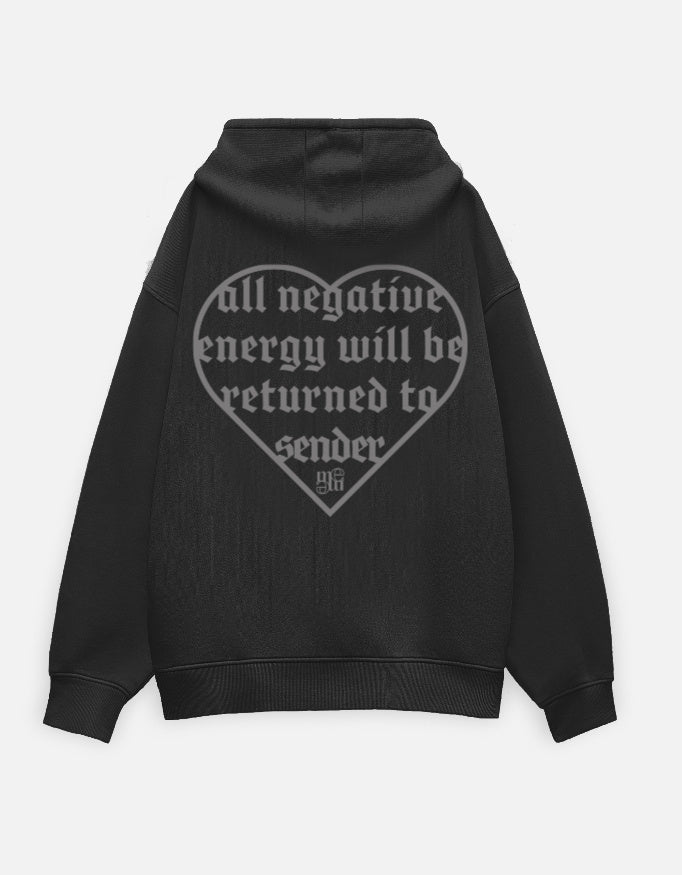 Black moonearth hoodie with a heart-shaped text design on the back against a light gray background
