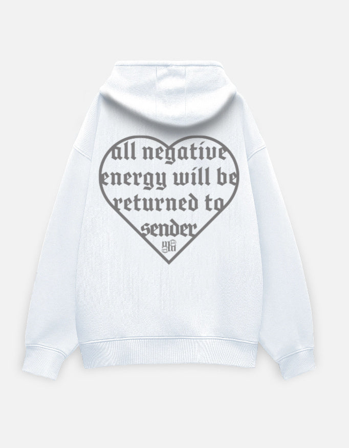 White moonearth hoodie with a heart-shaped text design on the back against a light gray background