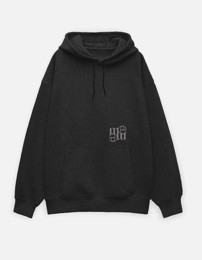Black hoodie with a moonearth logo on the chest pocket against a light gray background