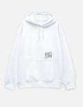 White hoodie with a moonearth logo on the chest against a light gray background