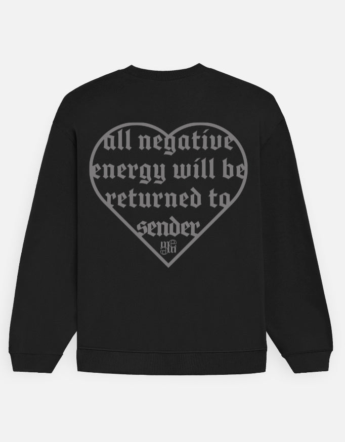 Black moonearth sweatshirt with a heart-shaped text design on the back against a light gray background