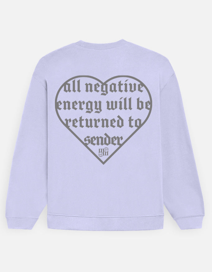 Light purple moonearth sweatshirt with a heart-shaped text design on the back against a light gray background