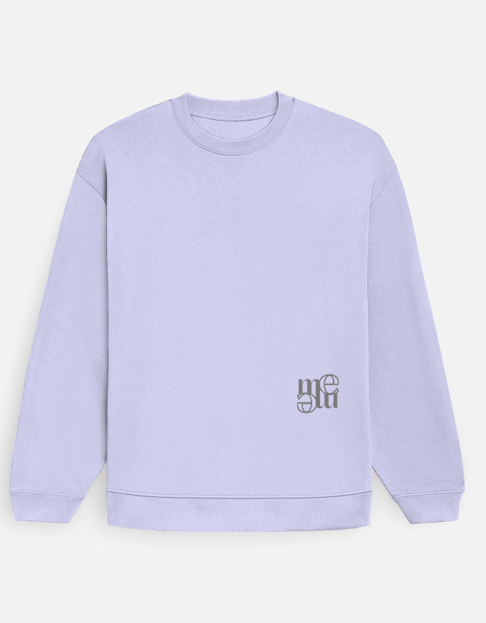 Light purple sweatshirt with a moonearth logo on the chest against a light gray background