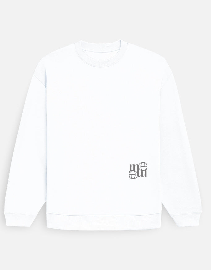 White sweatshirt with a moonearth logo on the chest against a light gray background