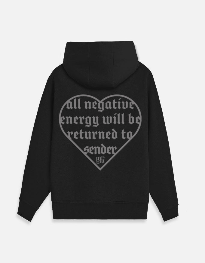 Black moonearth hoodie with a heart-shaped text design on the back against a light gray background