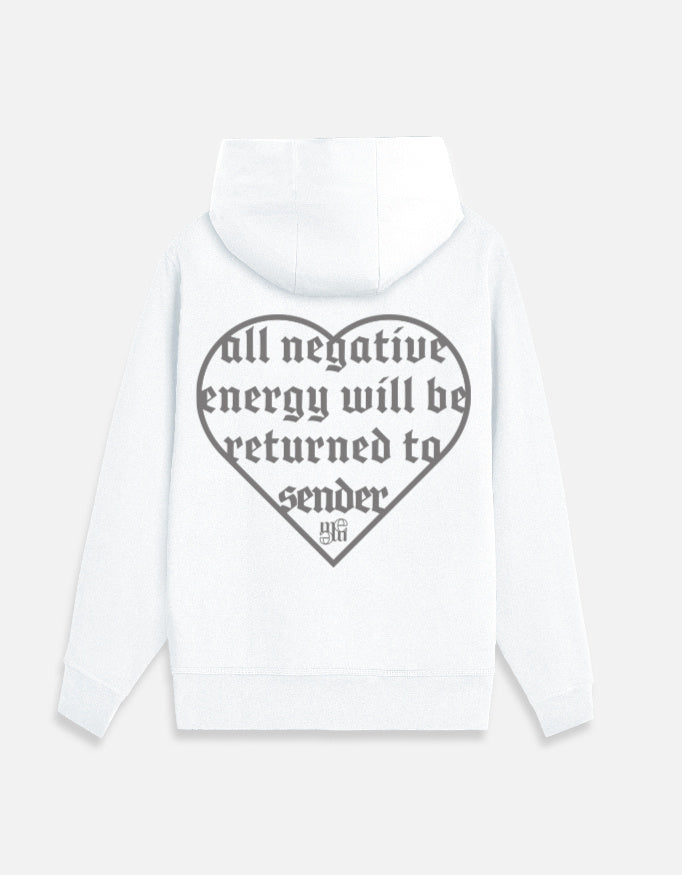 White moonearth hoodie with a black heart-shaped text design on a light gray background