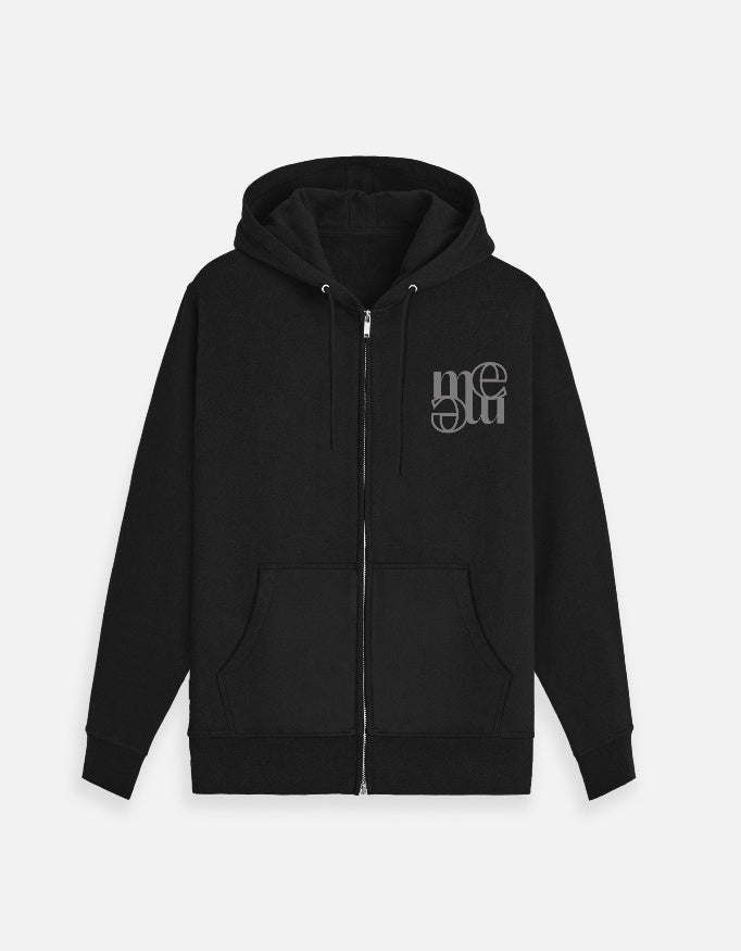 Black hoodie with a moonearth logo on the chest against a light gray background