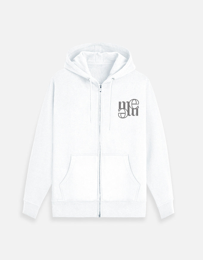 White hoodie with a moonearth logo on the chest against a light gray background