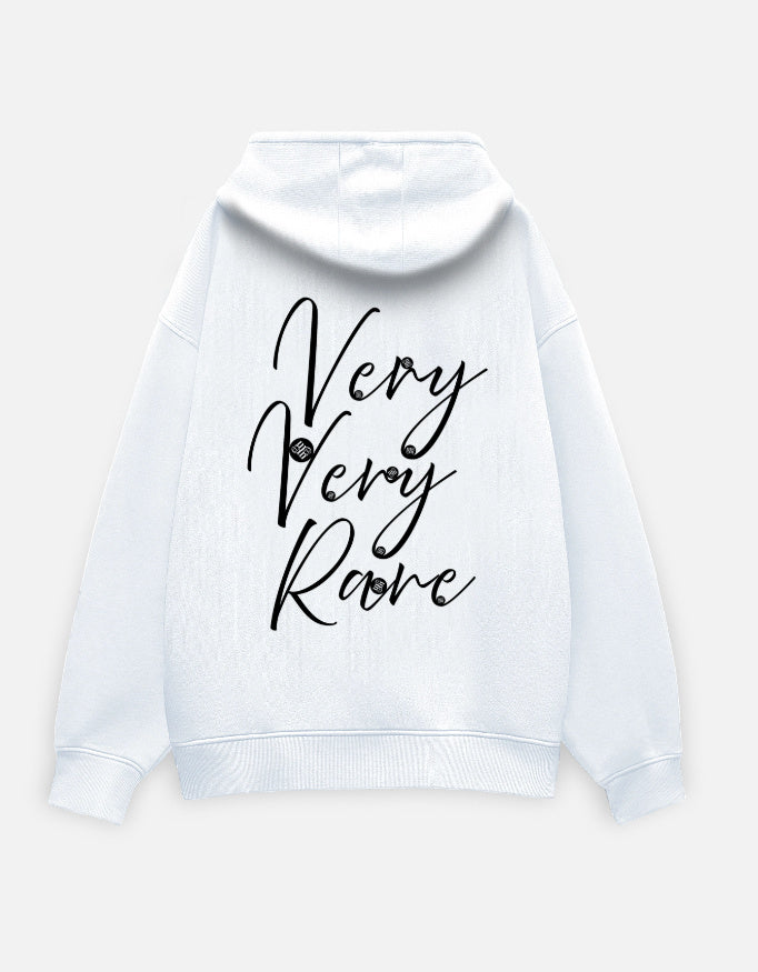 White moonearth hoodie with 'Very Very Rare' text on a light gray background