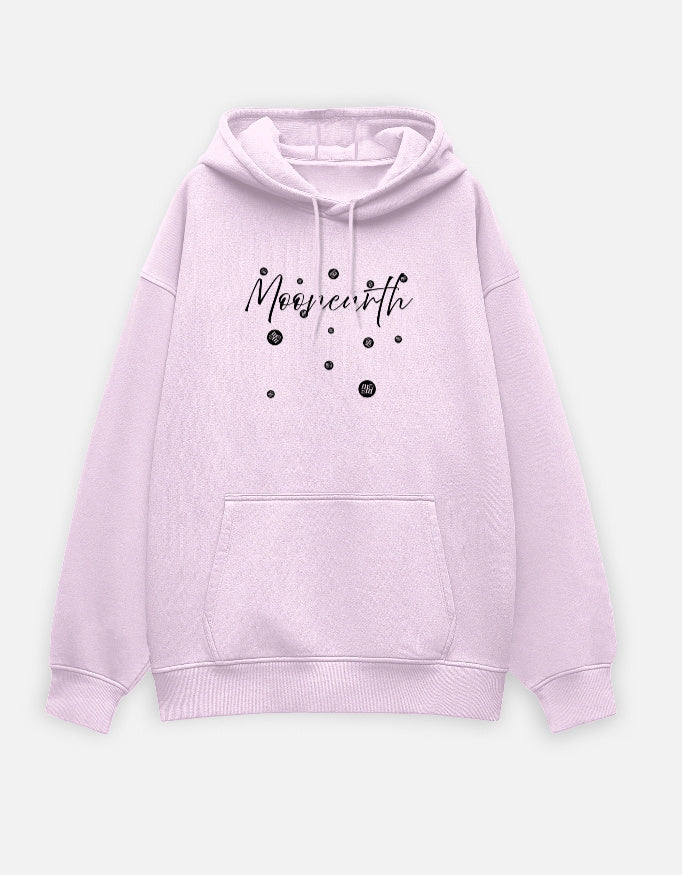 Light pink hoodie with 'Moonearth' text on a light gray background