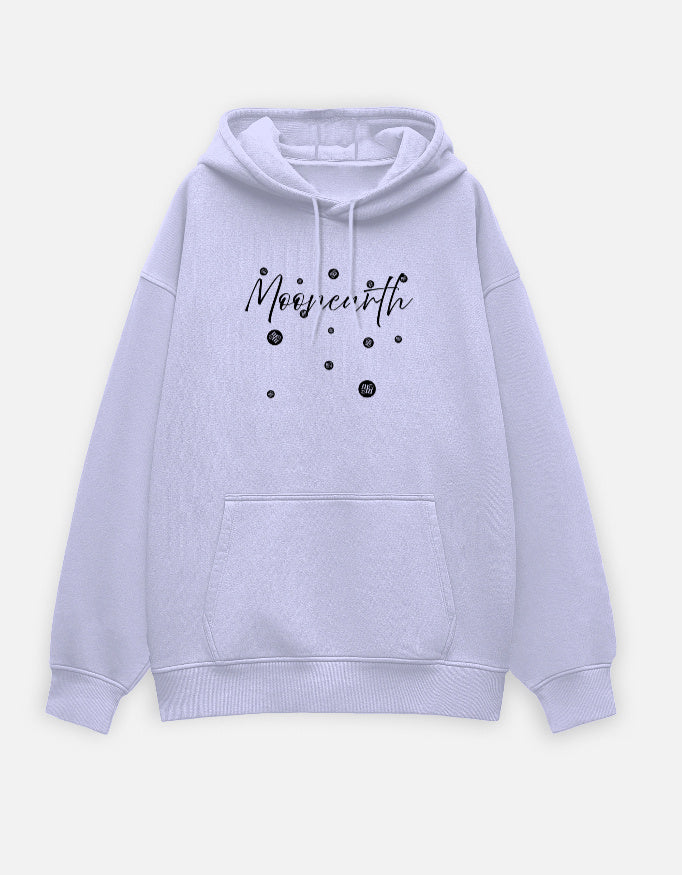 Light purple moonearth hoodie with text design on a light gray background