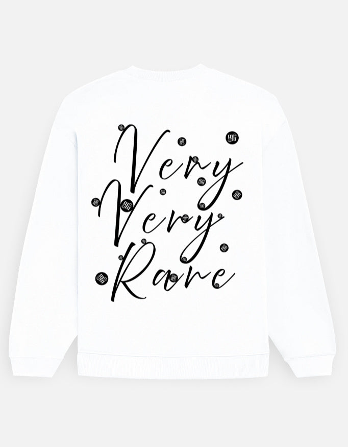 White moonearth sweatshirt with 'Very Very Rare' text in black on a light gray background