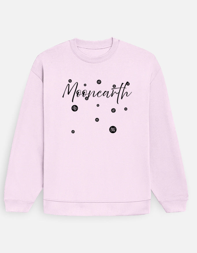 Light pink sweatshirt with 'Moonearth' text and black dot pattern on a light gray background