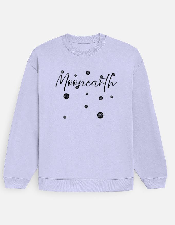 Light purple sweatshirt with 'Moonearth' text and black dot design on a light gray background
