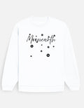 White sweatshirt with 'Moonearth' text and black dot design on a light gray background
