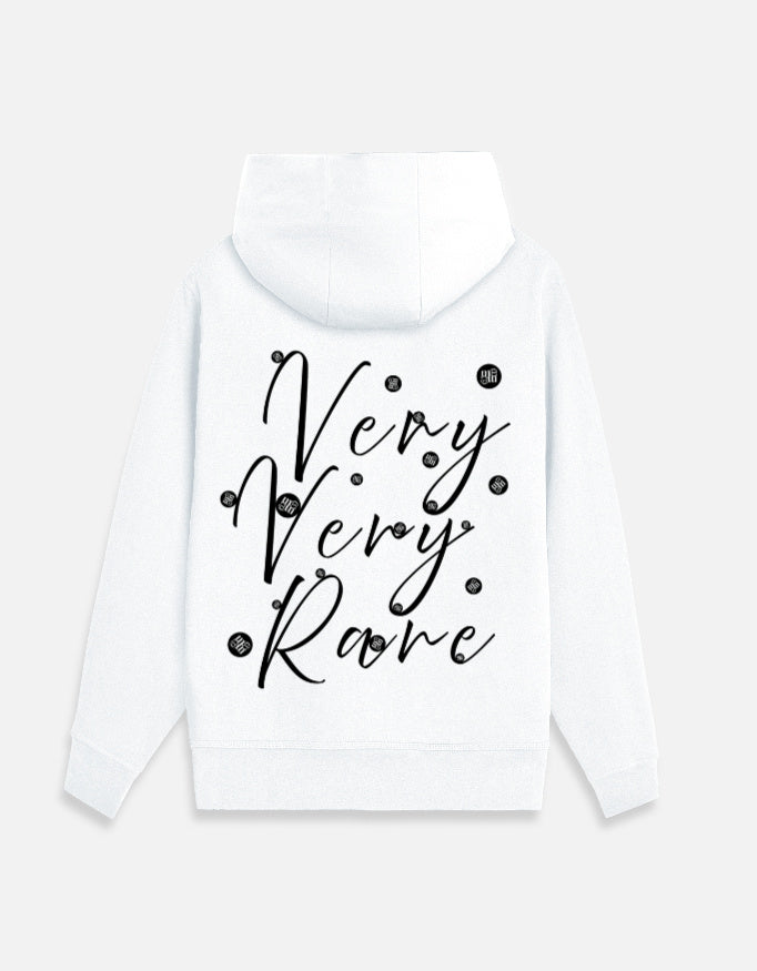 White moonearth hoodie with 'Very Very Rare' text on a light gray background