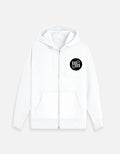 White moonearth zip hoodie with a black logo on a light gray background