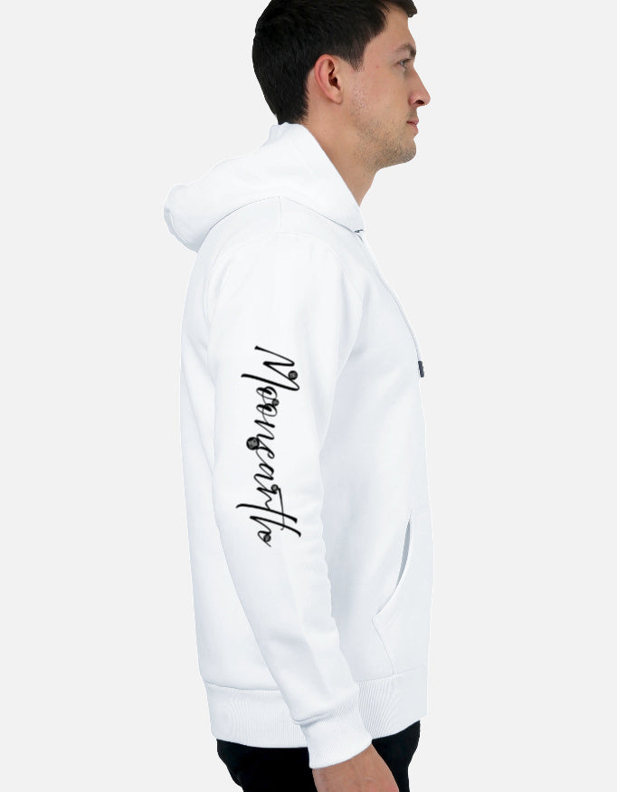 Person wearing a white moonearth hoodie with text on the sleeve against a light gray background