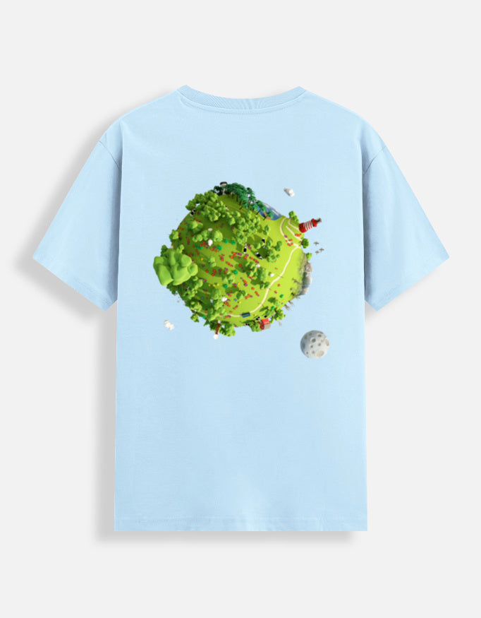 Light blue moonearth t-shirt with a colorful graphic of a planet and moon on the back against a light gray background
