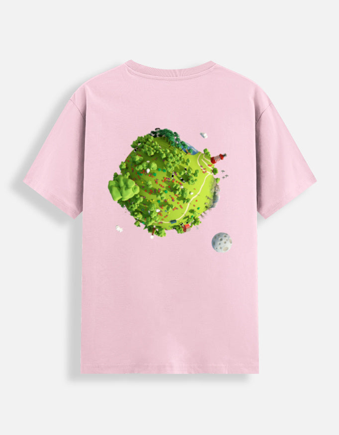 Light pink t-shirt with a colorful graphic of a planet and moon on the back against a light gray background