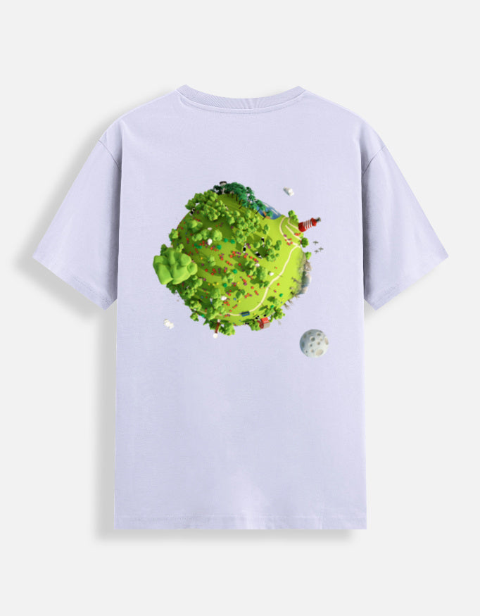 Light purple moonearth t-shirt with a colorful graphic of a planet and moon on the back against a light gray background