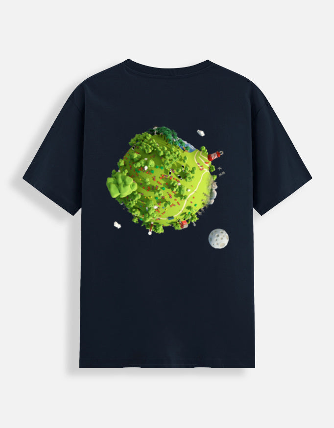 Black moonearth t-shirt with a colorful graphic of a planet and moon on a light gray background