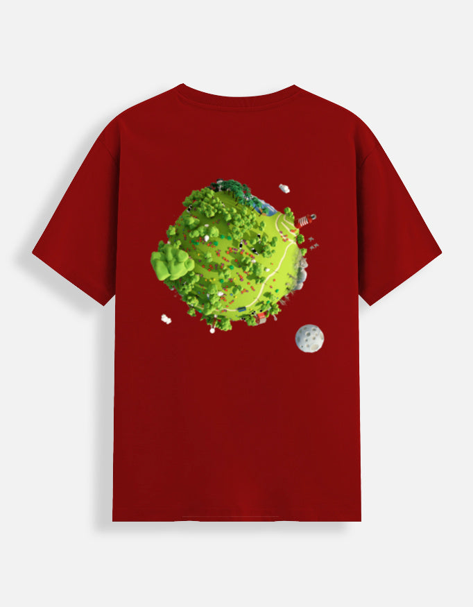 Red t-shirt with a green earth and moon graphic on the back against a light gray background