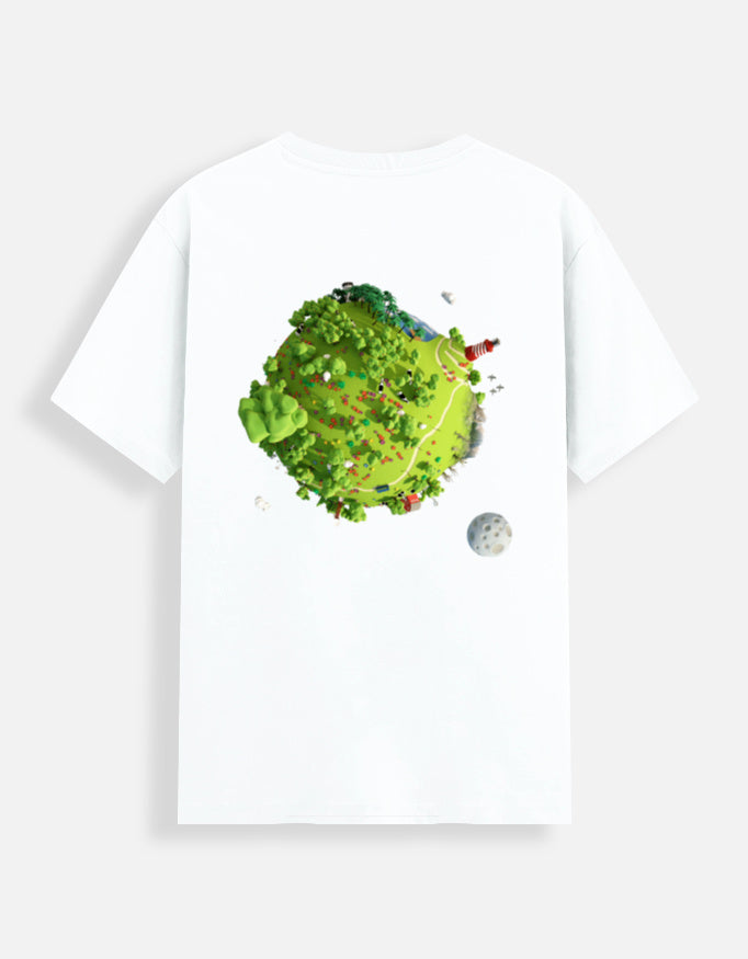 White moonearth t-shirt with a colorful graphic of Earth and moon on a white background