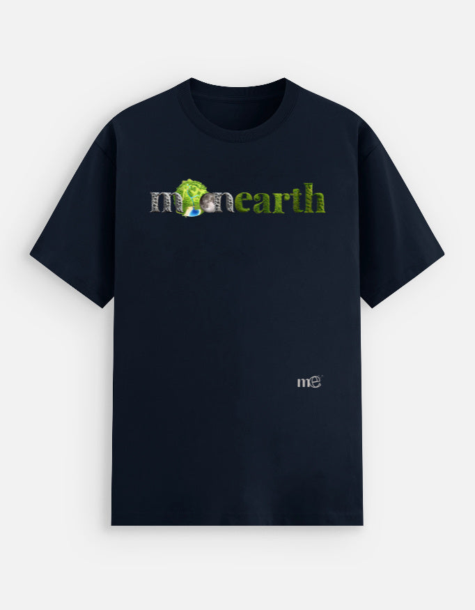 Navy blue t-shirt with 'moonearth' logo on a light gray background