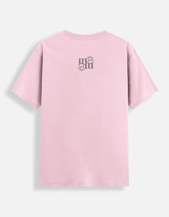 Light pink moonearth t-shirt with an embroidered logo on the back against a light gray background