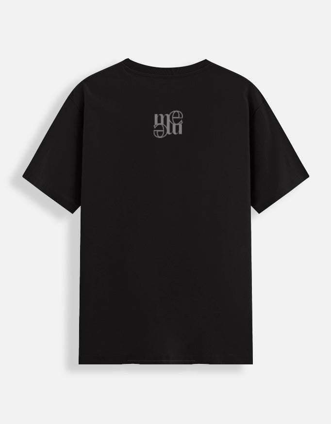 Black moonearth t-shirt with an embroidered logo on the back against a white background
