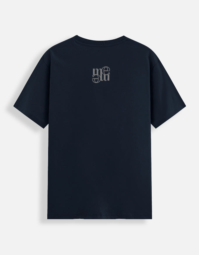 Navy moonearth t-shirt with an embroidered logo on the back against a light gray background