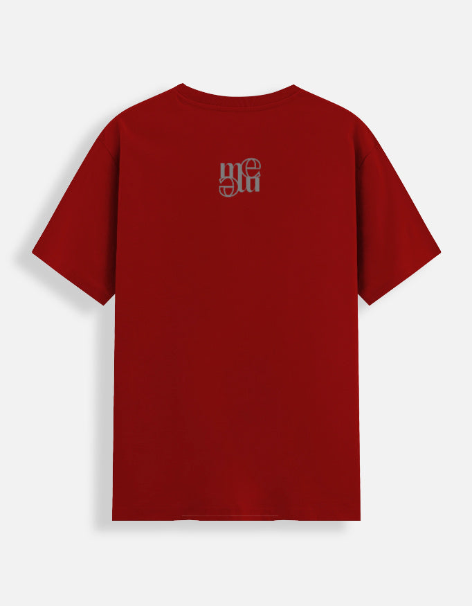 Red moonearth t-shirt with an embroidered logo on the back against a light gray background
