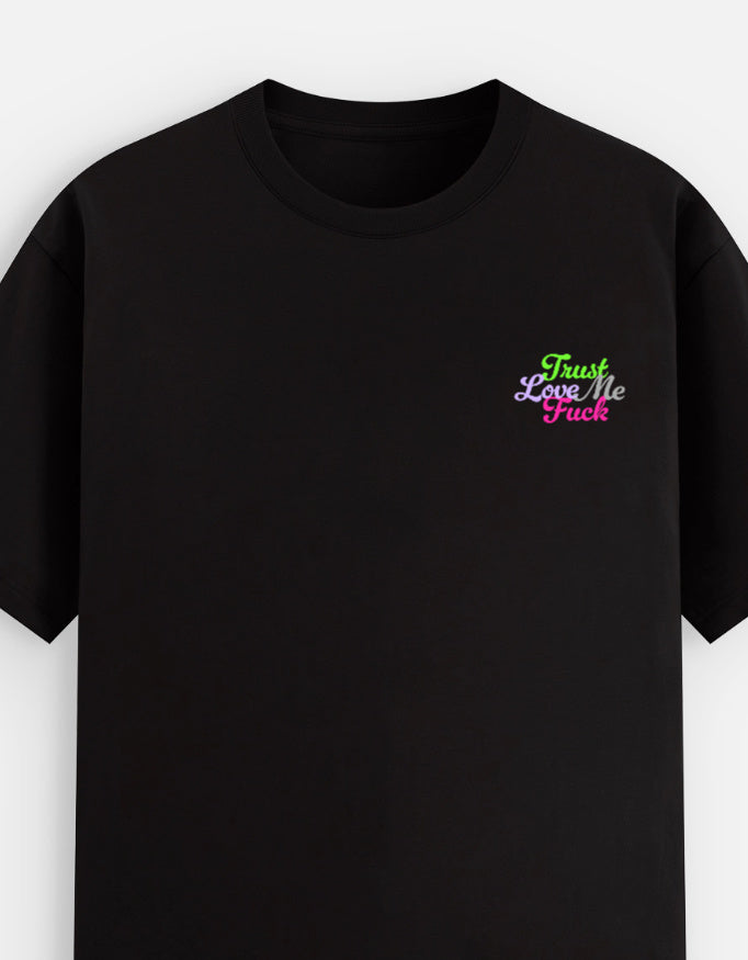 Black moonearth t-shirt with colorful embroidered text on a white background